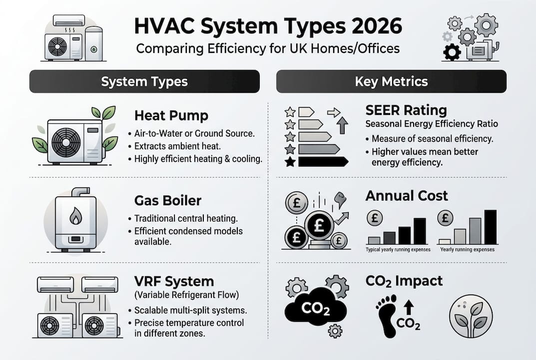 Infographic comparing HVAC types and efficiency metrics