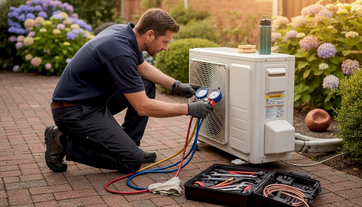 Installer checks AC pressure during setup