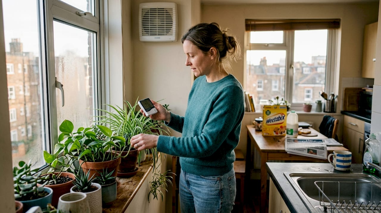 Woman using humidity meter near HVAC vent