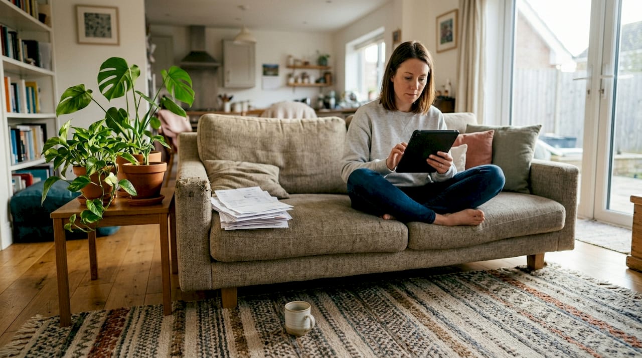 Homeowner checking HVAC diagnostics on tablet
