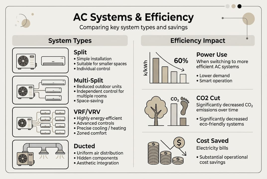 Infographic comparing AC system types and efficiency