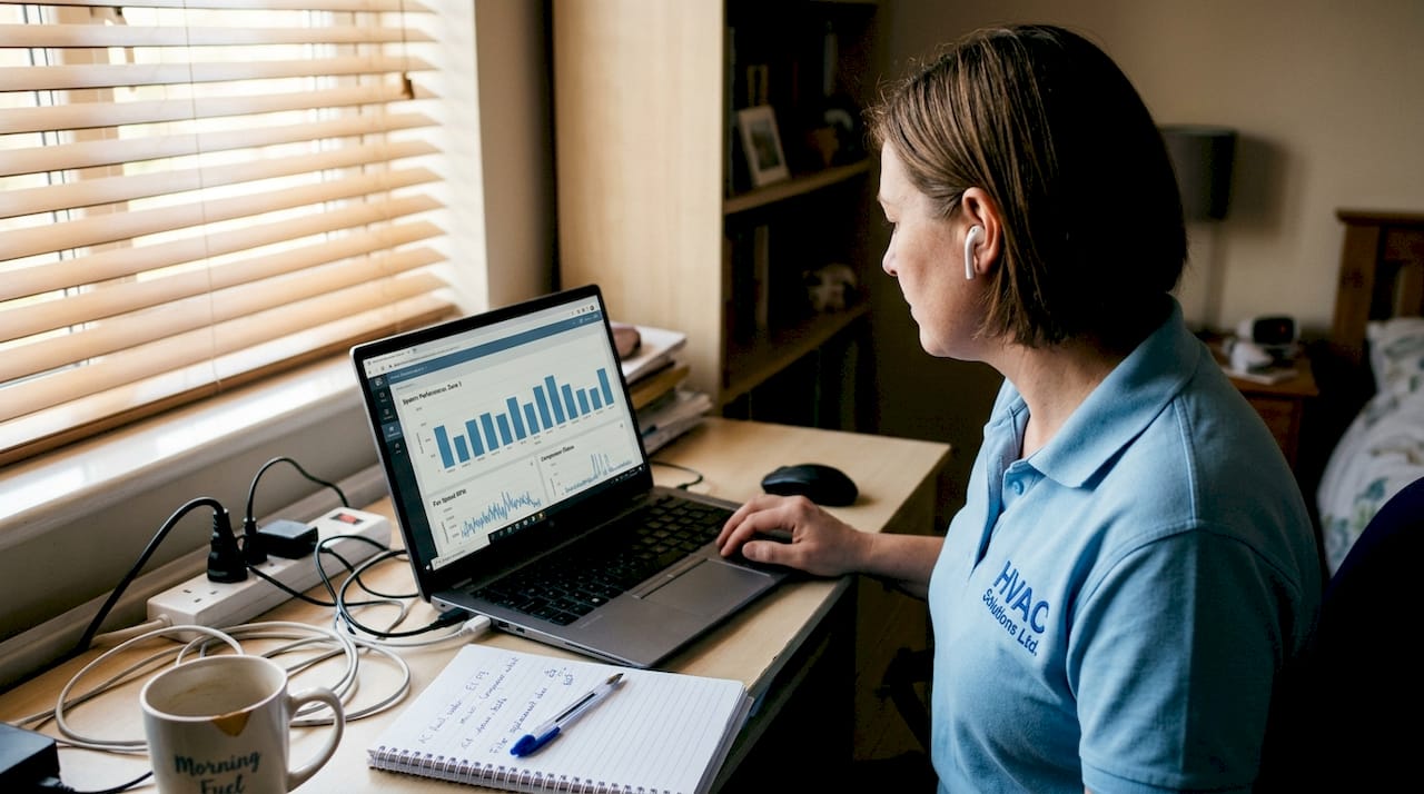 Technician using remote AC diagnostics at desk