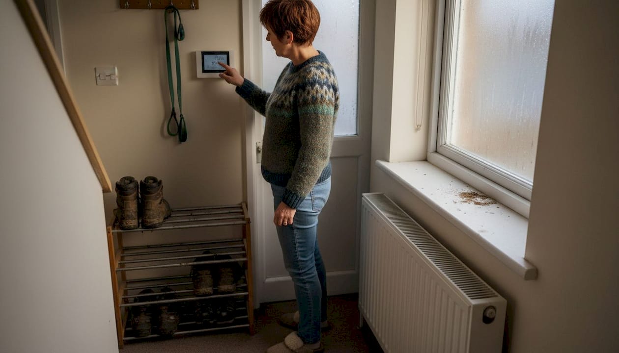 Homeowner adjusting hallway smart thermostat