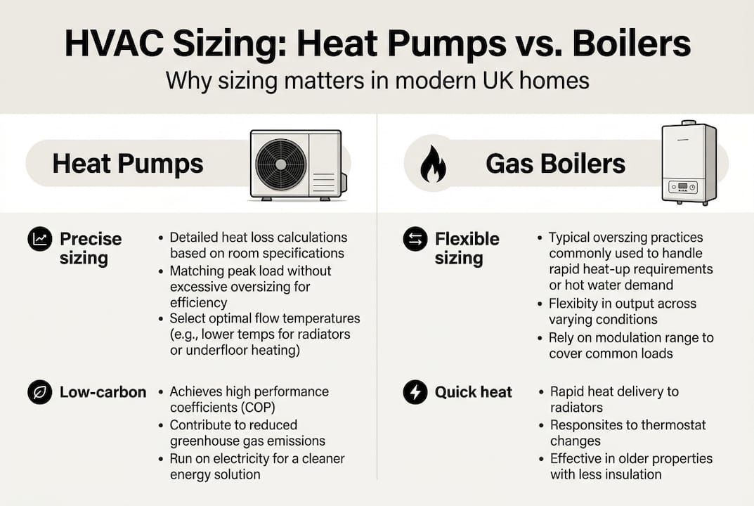 Infographic comparing heat pump and boiler sizing