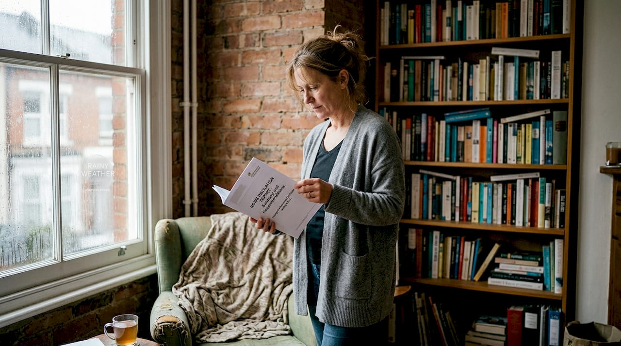 Woman reviewing home insulation report in UK living room