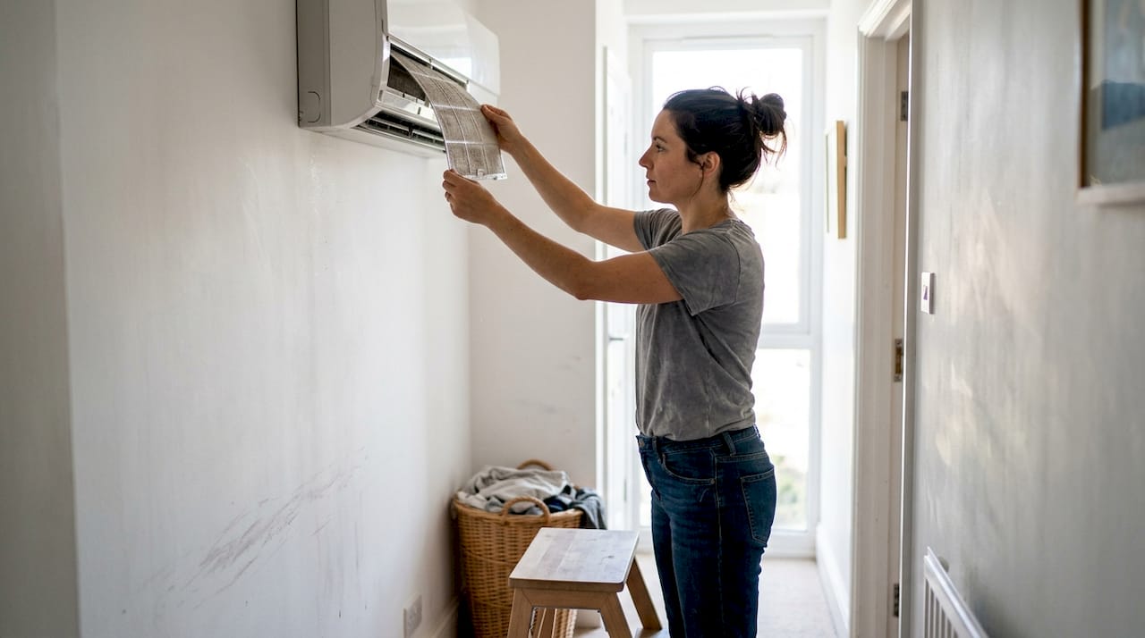 Person replacing dirty air conditioner filter