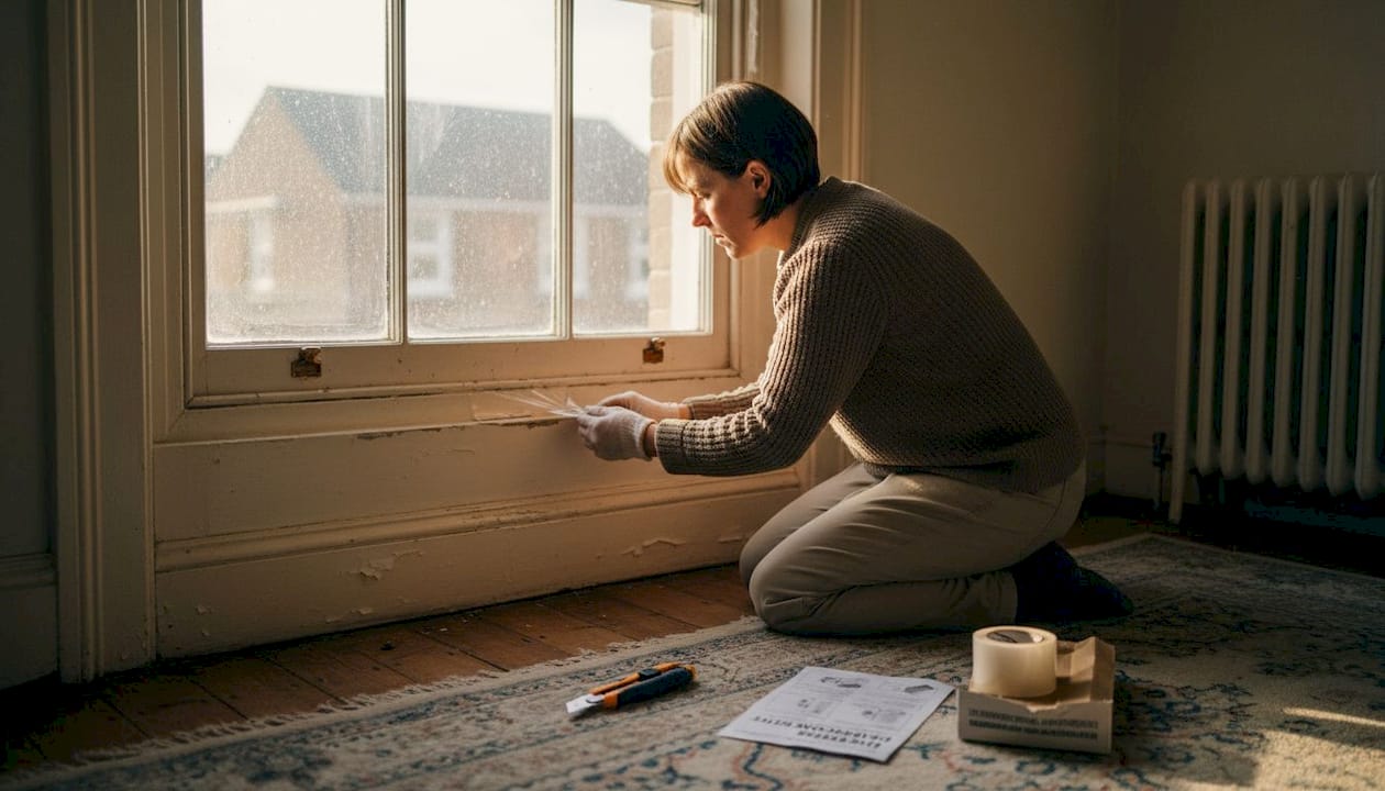 Woman sealing window for insulation efficiency