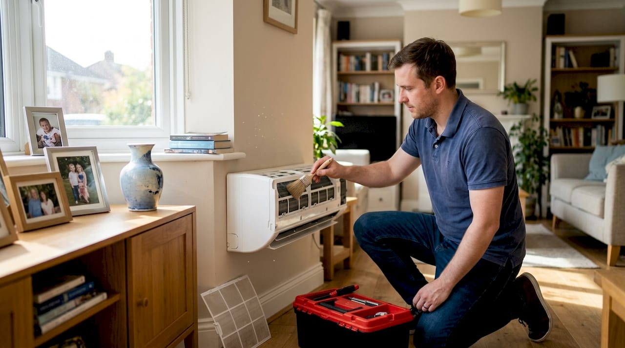 Man cleaning air conditioner vent at home