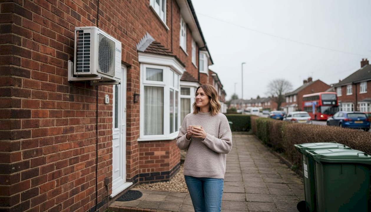 Outdoor AC unit on UK house exterior