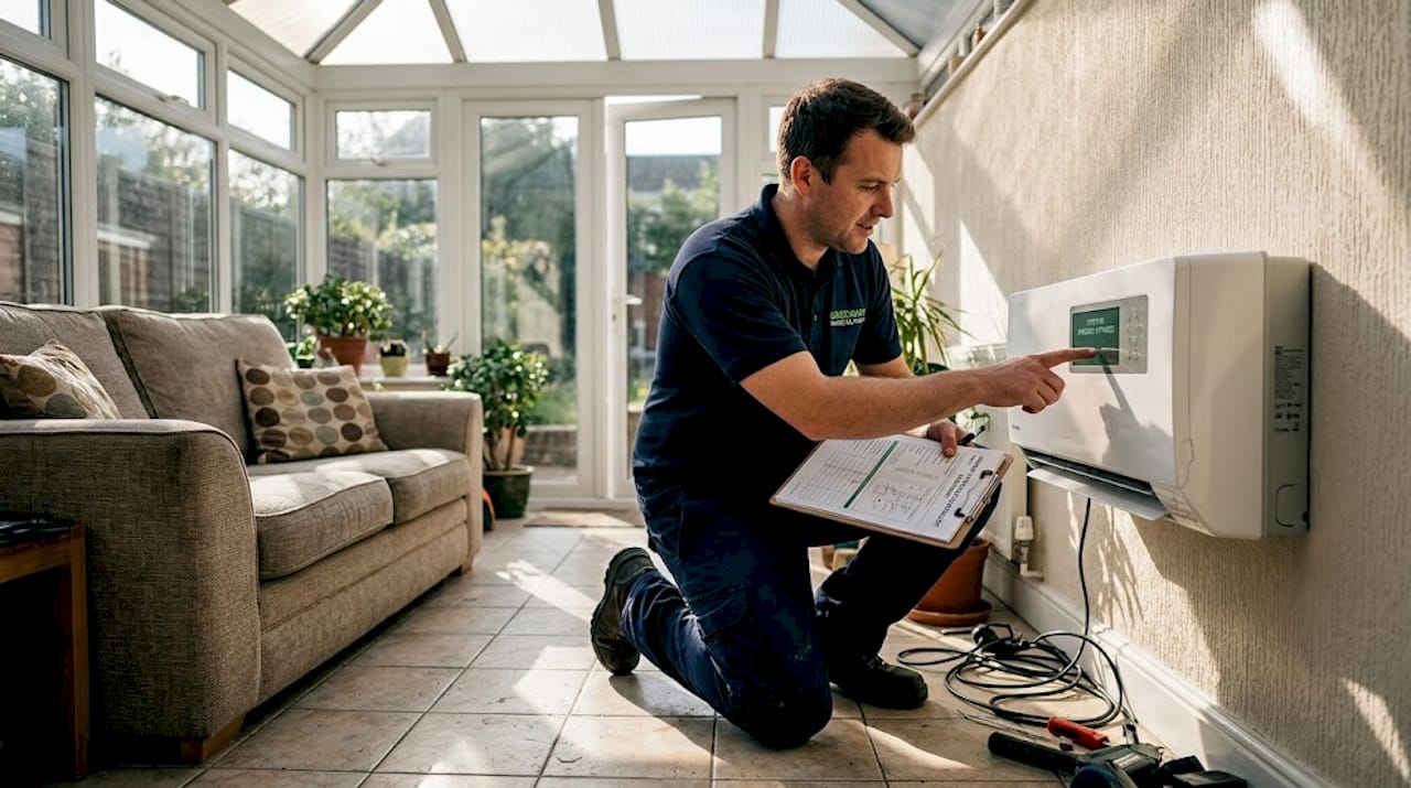 Technician installing air-to-air heat pump in conservatory