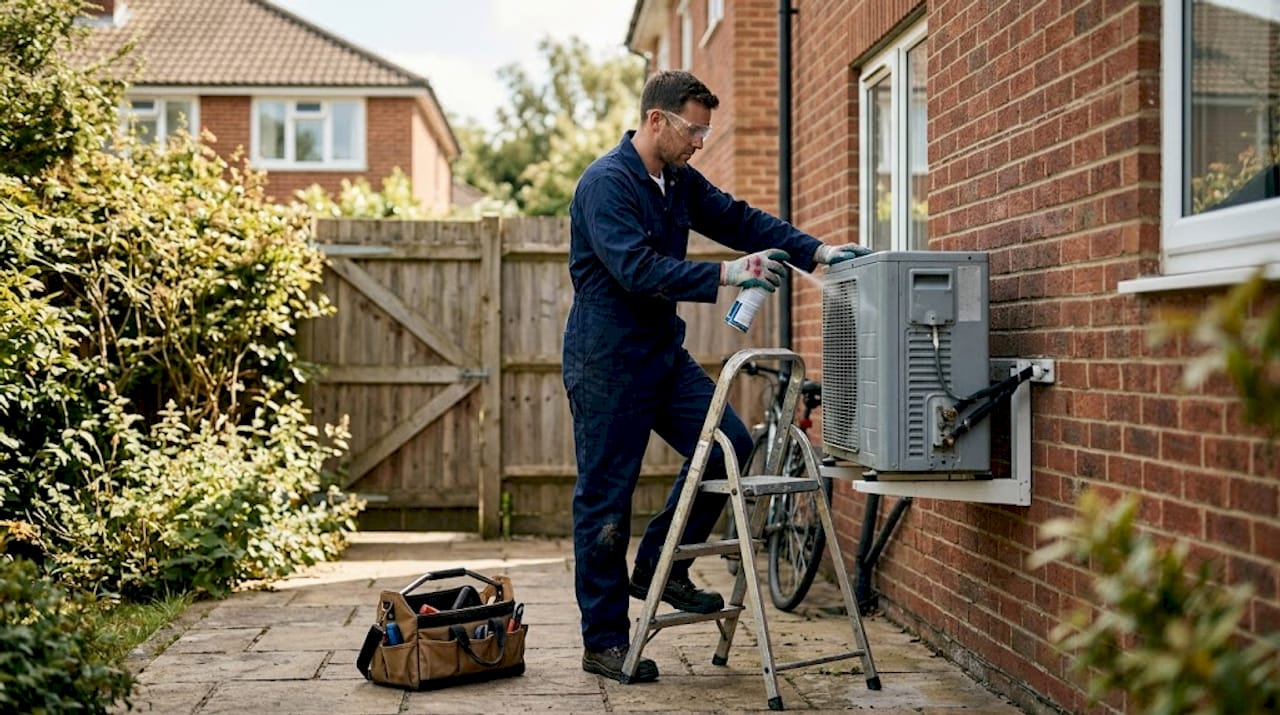 Technician cleaning air conditioner condenser outdoors