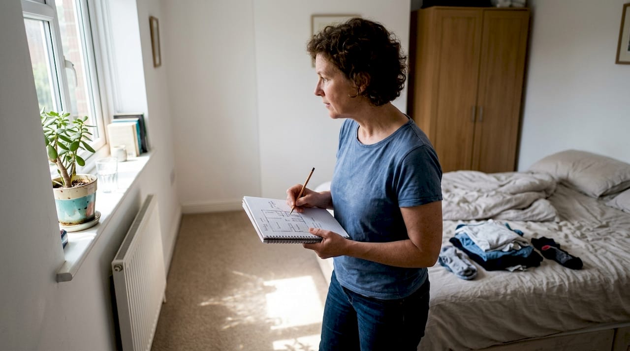 Homeowner auditing sun exposure in bedroom