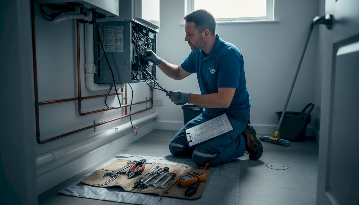 Technician inspecting air conditioner components