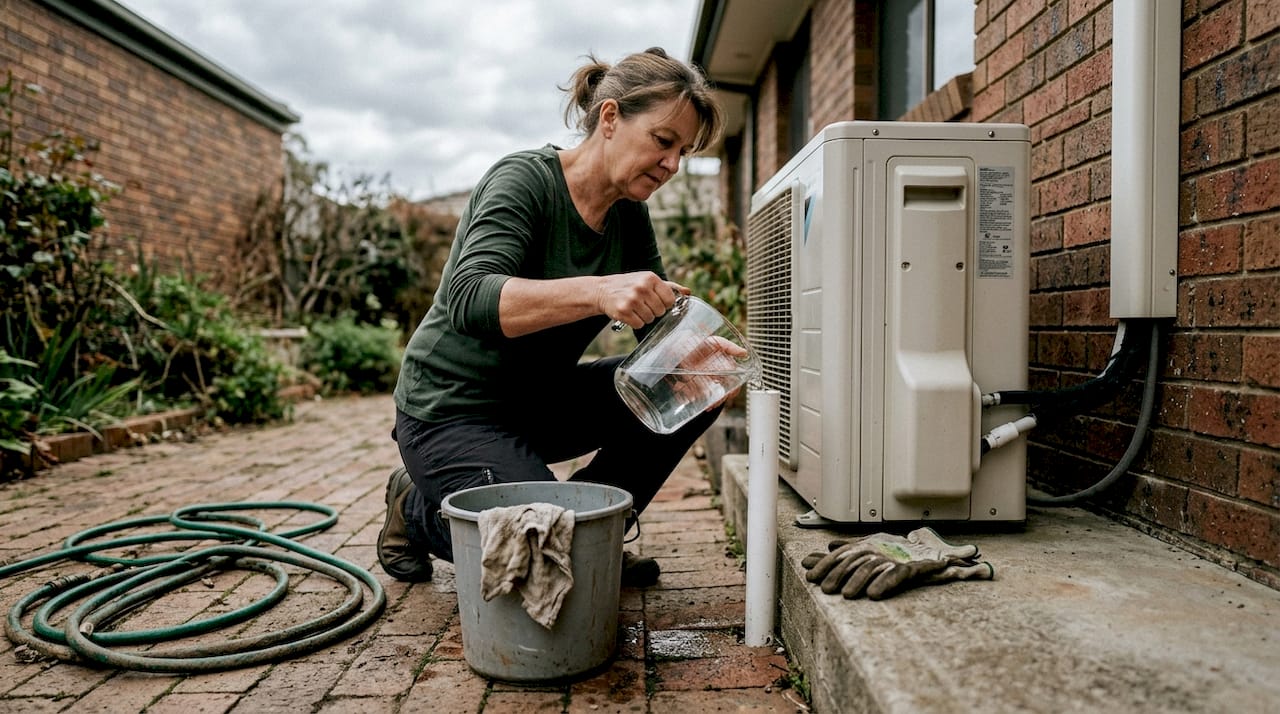 Woman cleaning AC drain pipe with vinegar solution