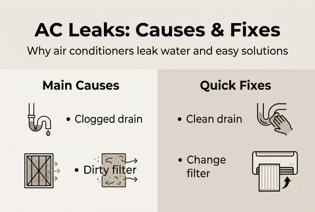 Infographic showing AC leak causes and quick fixes
