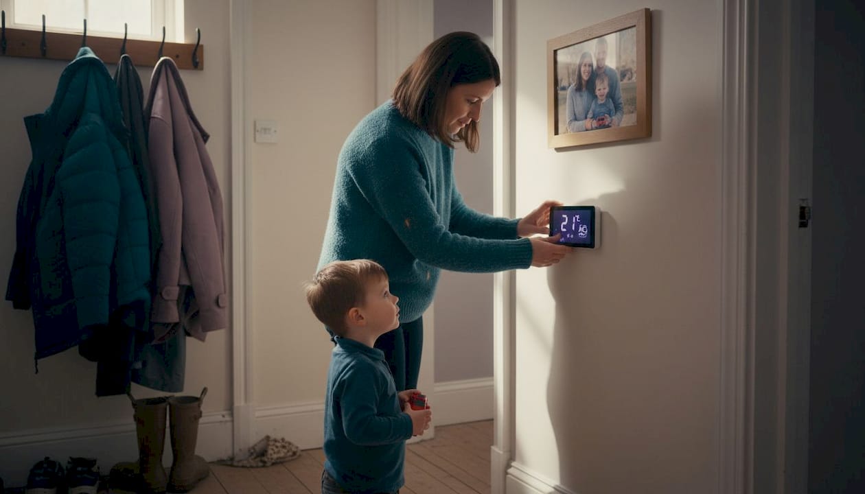 Mother and son adjust home thermostat together
