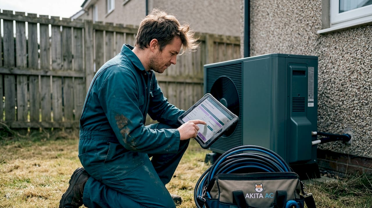 Engineer using tablet to check heat pump