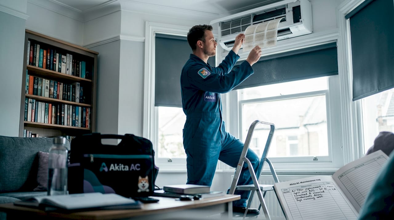 Technician replacing AC filter in living room