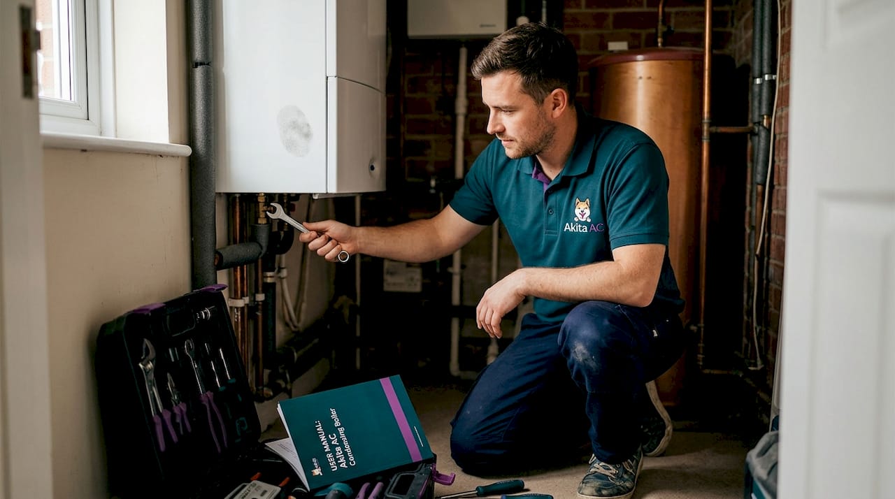 HVAC technician servicing condensing boiler