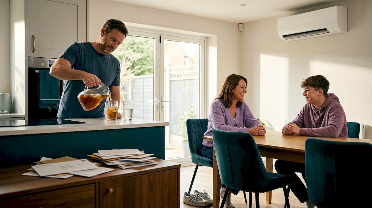 Family relaxing in kitchen with cool air conditioning