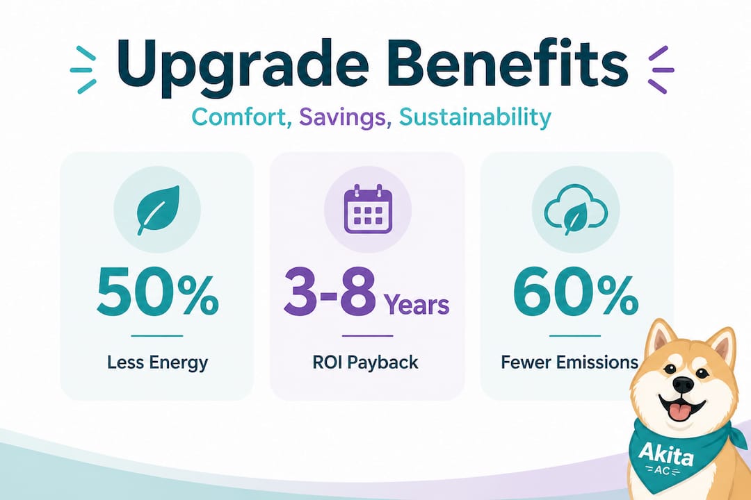 Infographic showing AC upgrade stats comfort savings sustainability