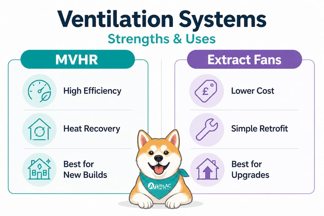Infographic comparing MVHR and extract fans