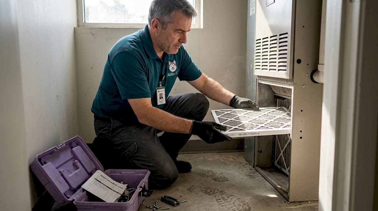 Technician replacing filter in HVAC system
