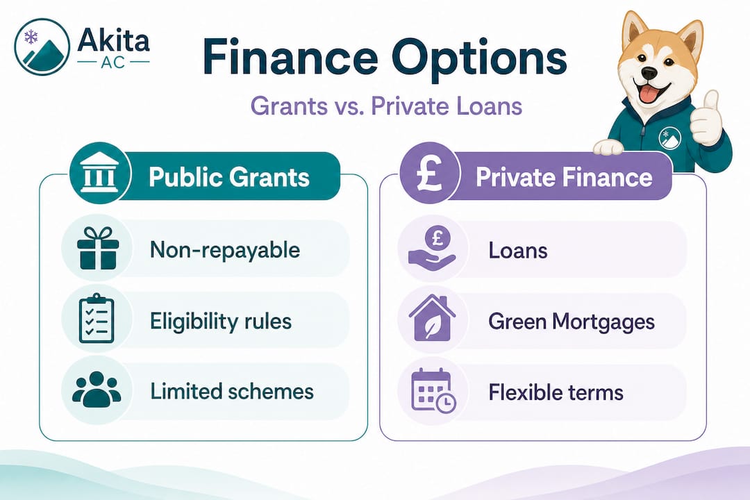 Infographic comparing public grants and private finance options