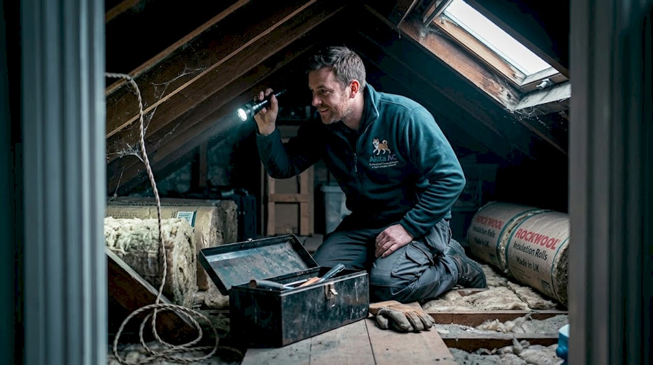 Installer checking insulation in old attic