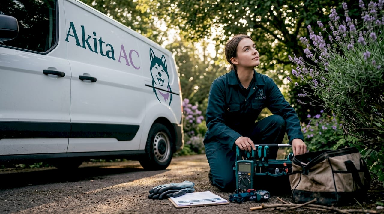 Technician selecting AC maintenance tools by car