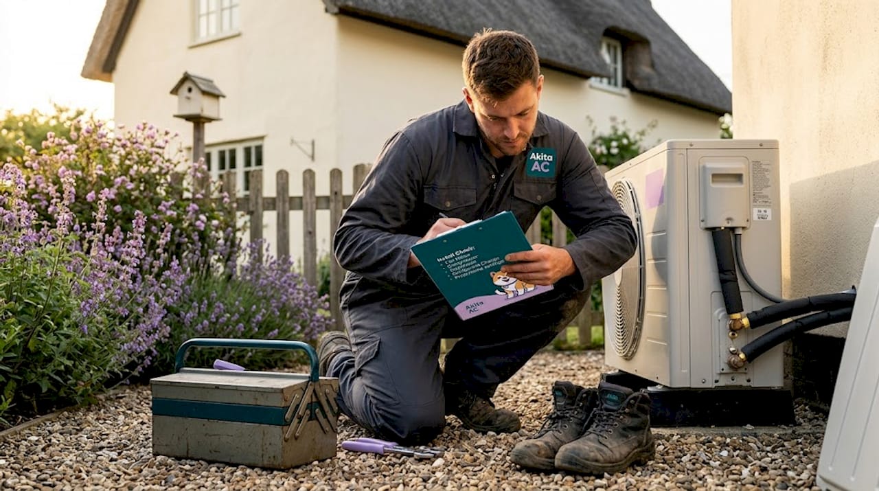 Technician installing air source heat pump outside home