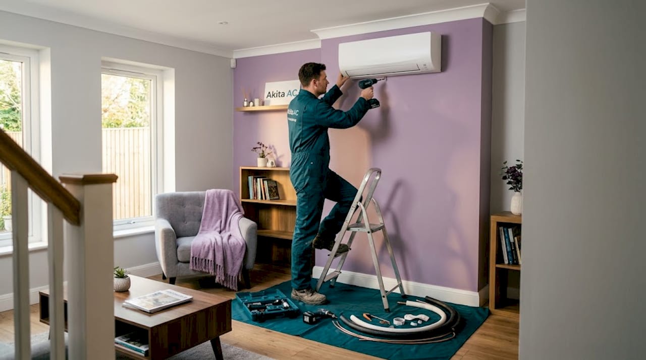 Engineer mounting split air conditioning unit indoors