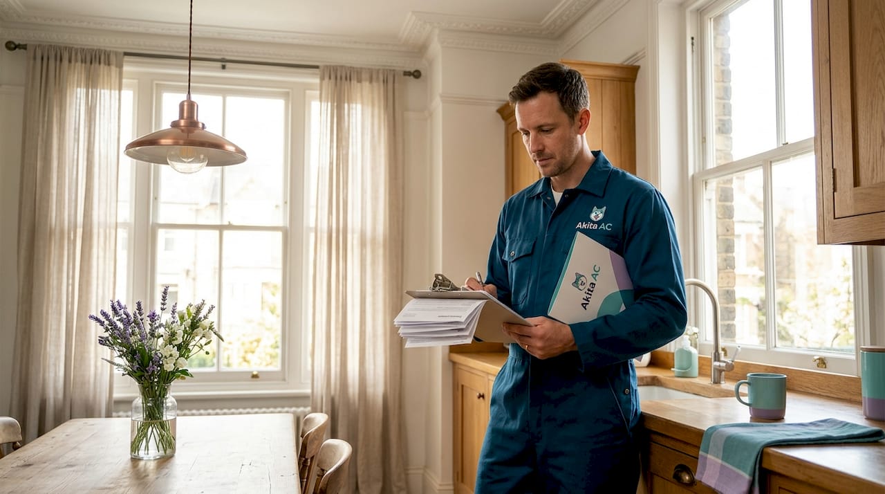 Engineer checks AC installation paperwork in hallway