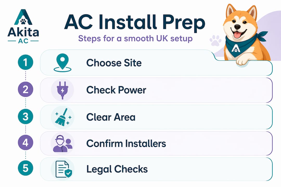 Infographic with AC installation preparation steps in UK