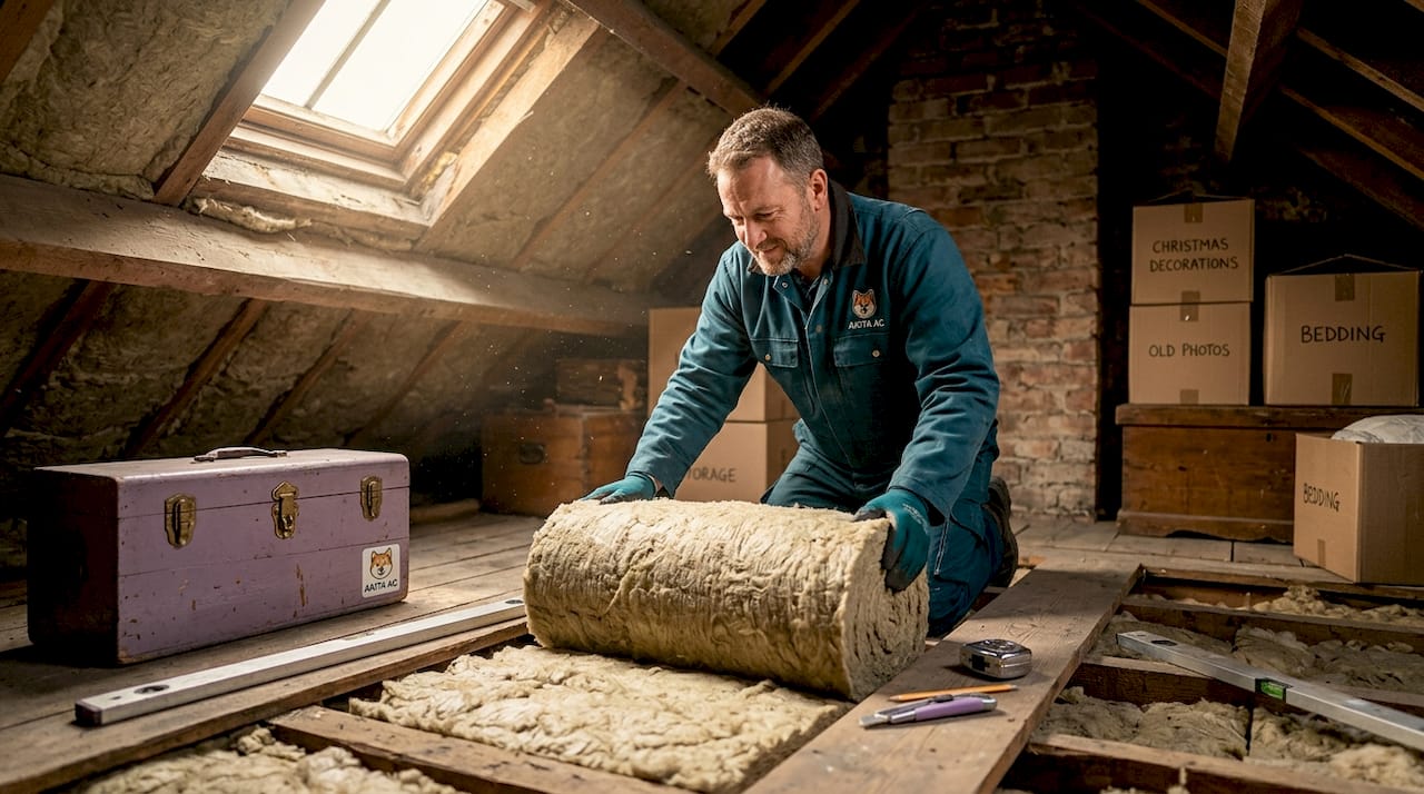 Installer adding wall insulation in attic