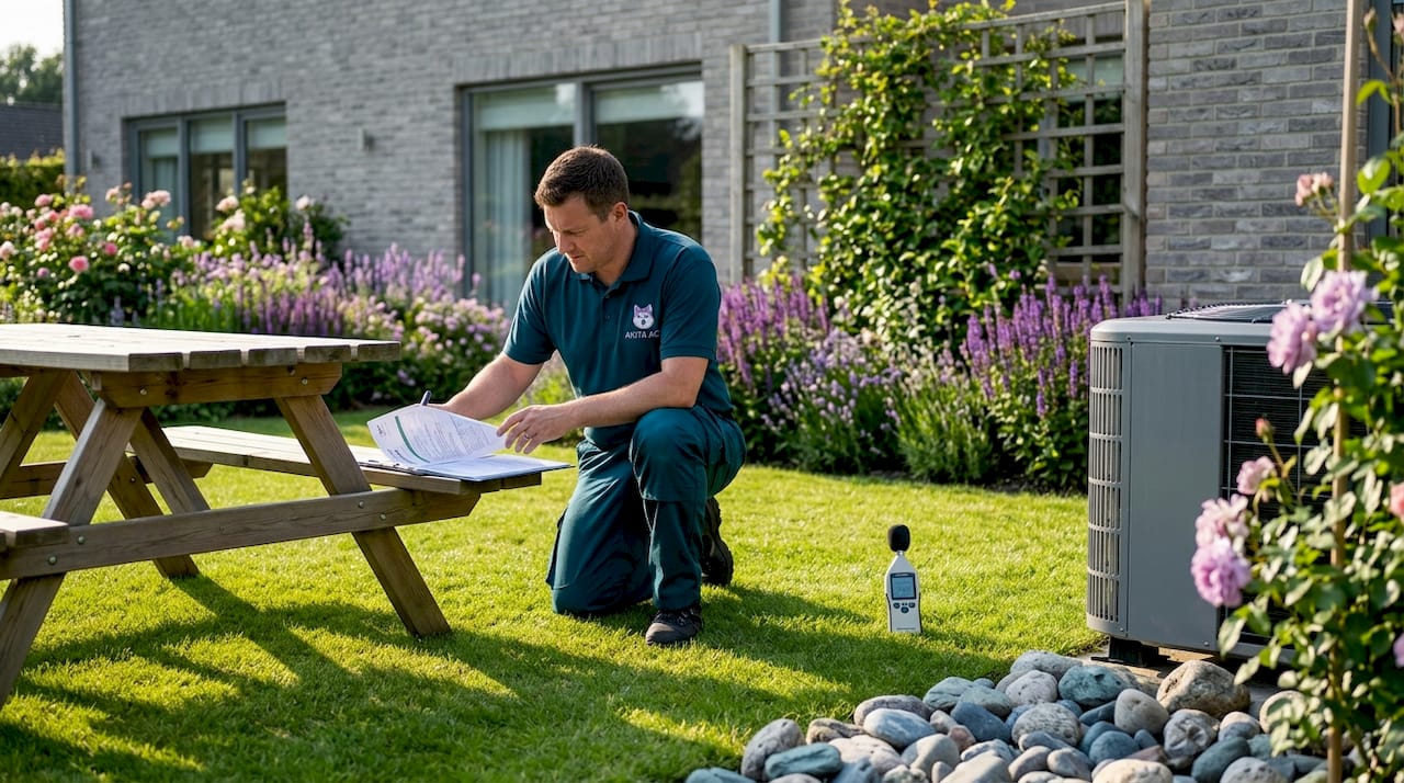 Installer checks quiet air conditioning unit outside UK home