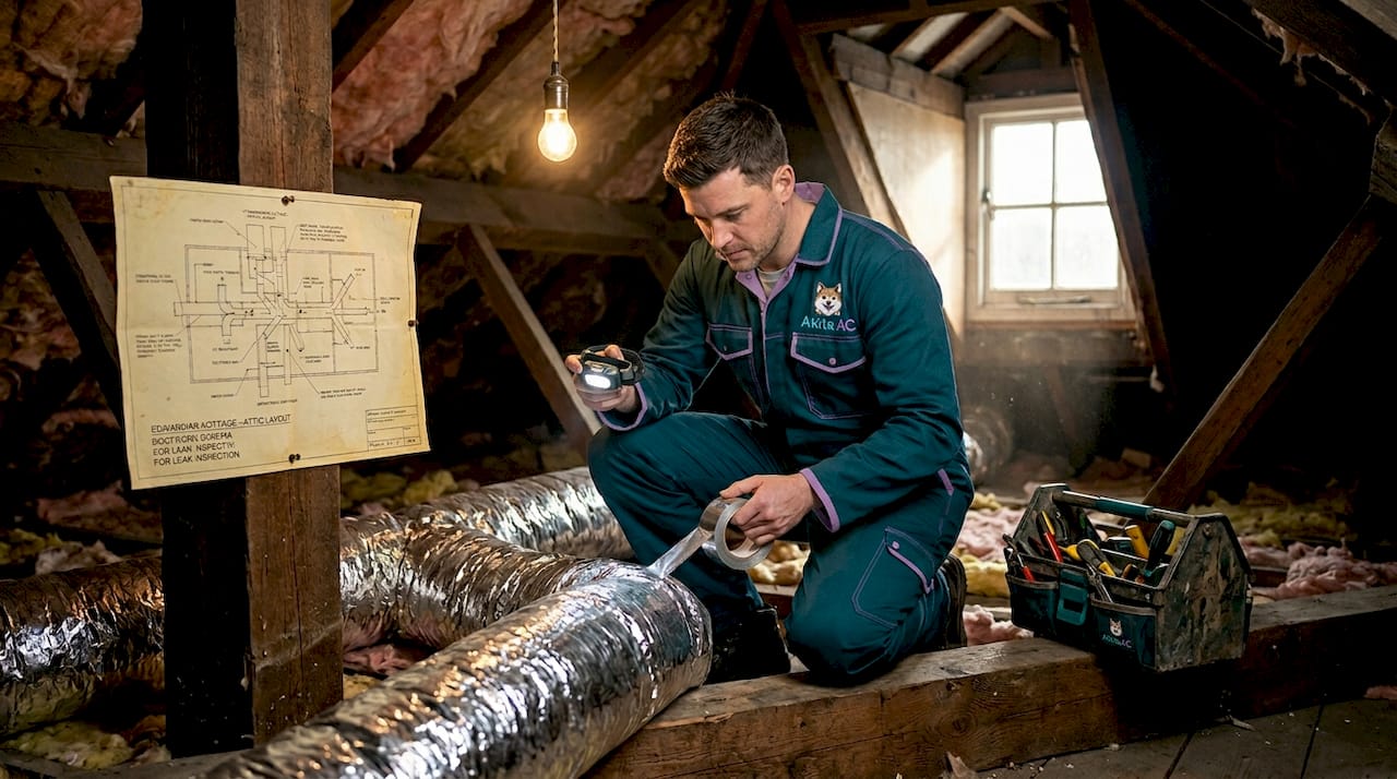 Technician inspecting ductwork in home attic