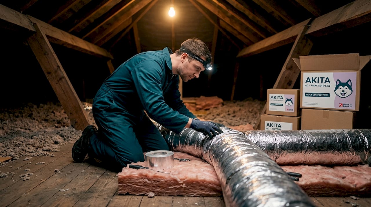 Technician inspects insulated attic HVAC ducts