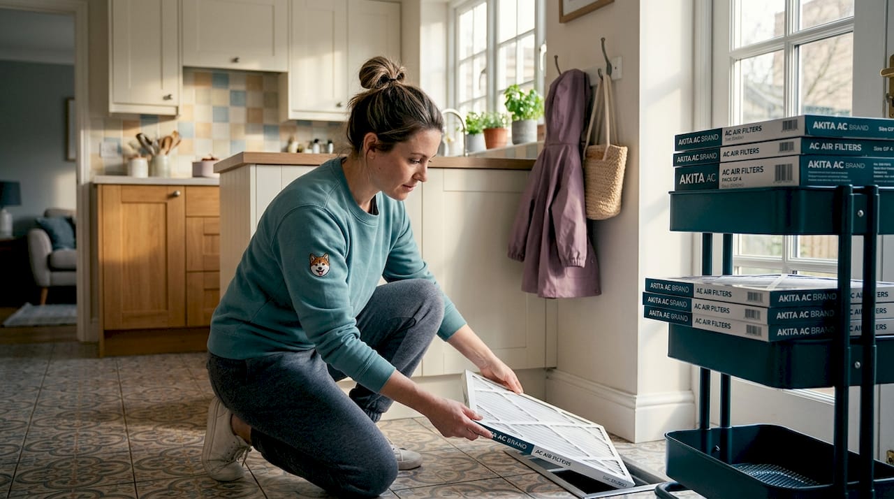 Woman changing air filter in hallway
