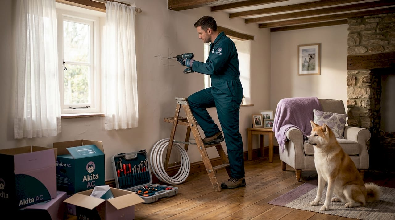 Technician installing home high wall aircon