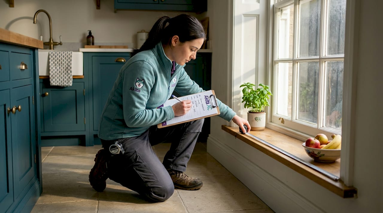 Technician measuring window for HVAC calculation