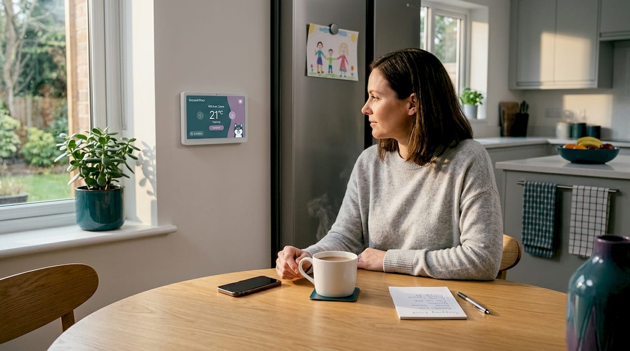 Woman adjusting split system control in dining area