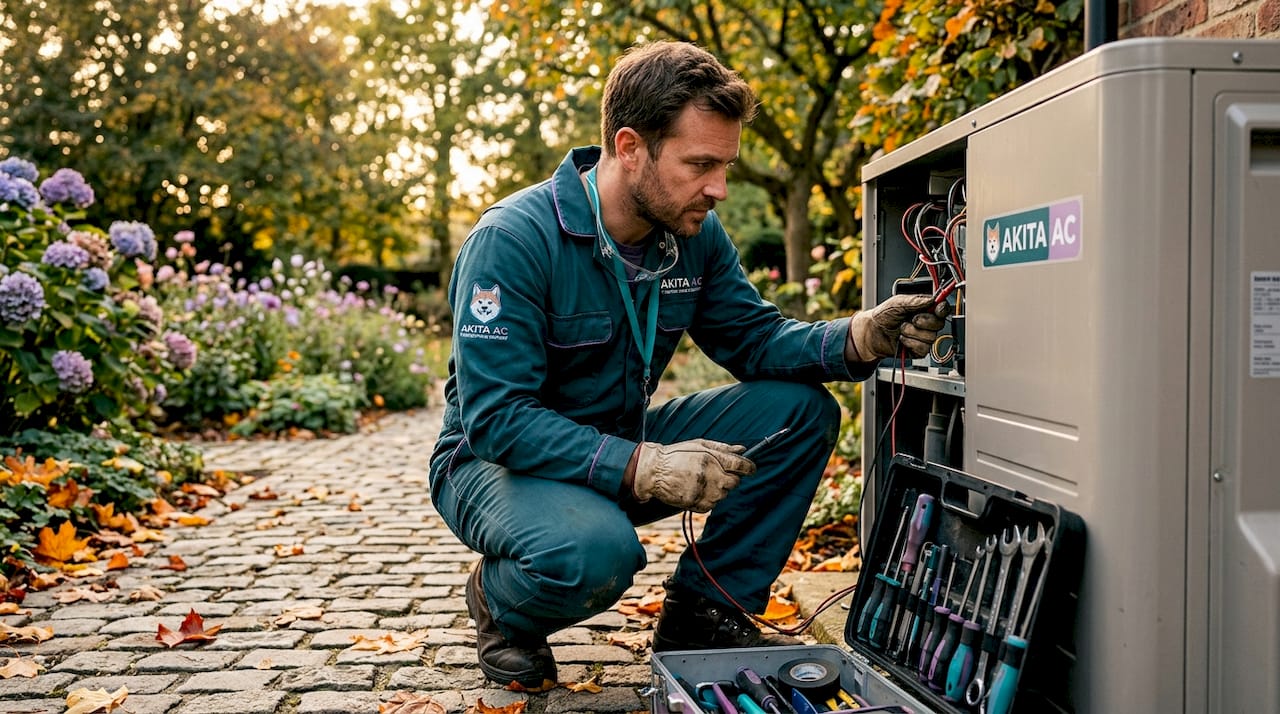 Technician inspecting outdoor HVAC condenser unit