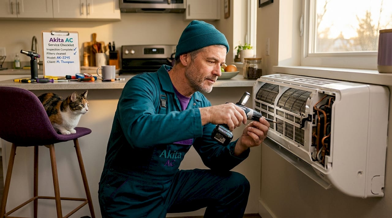 Technician performing air conditioner maintenance