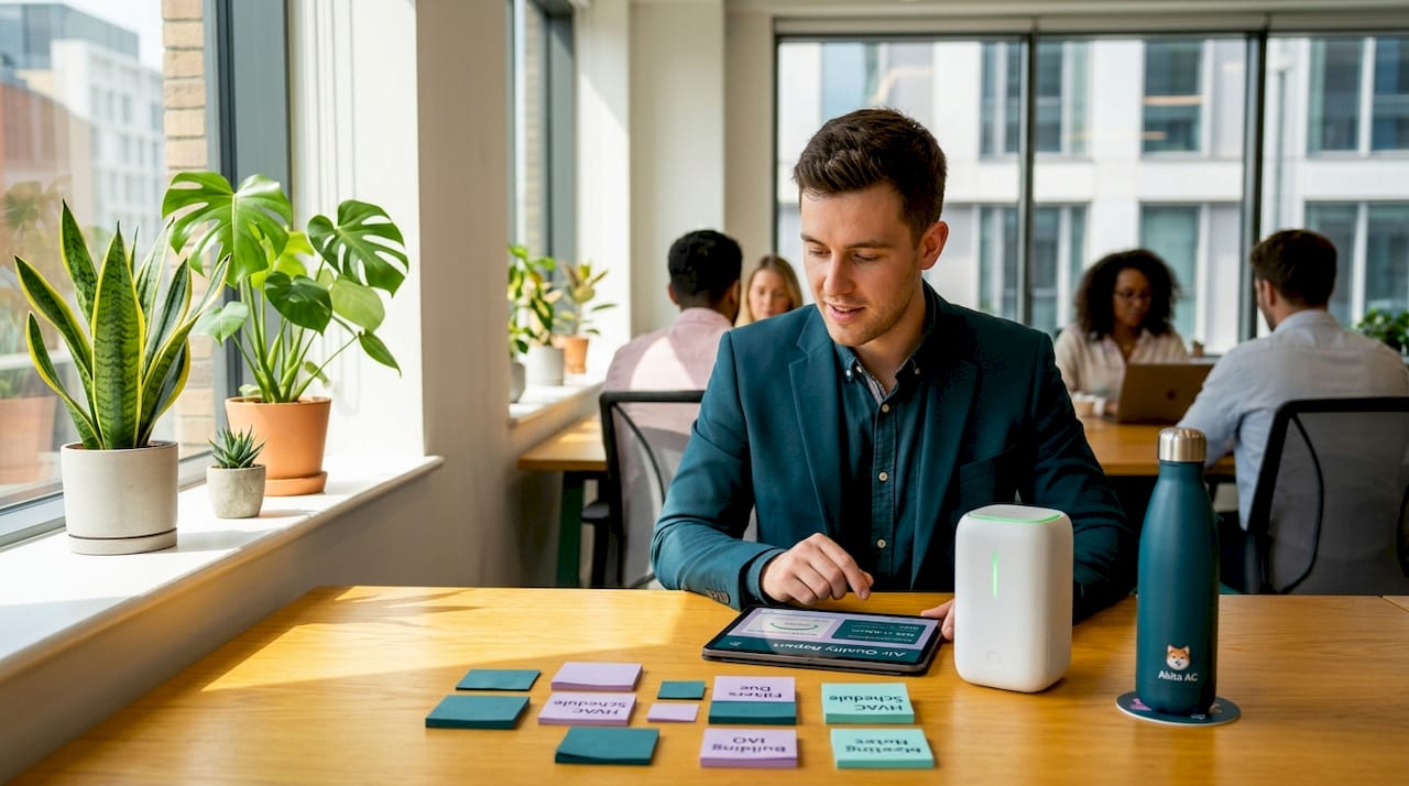 Office manager reviewing live air quality sensor data