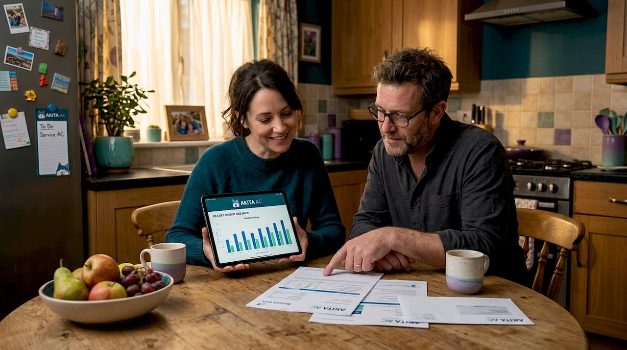 Family reviewing energy bills in kitchen