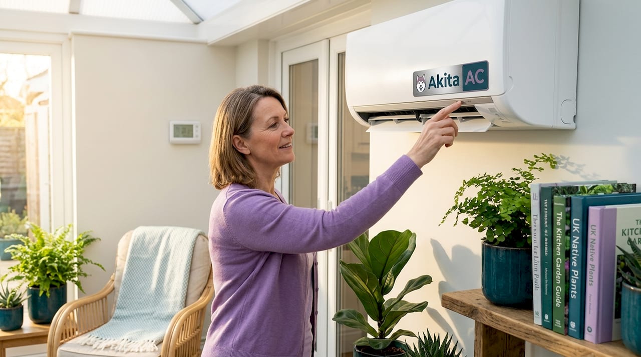 Homeowner adjusting residential HVAC unit indoors