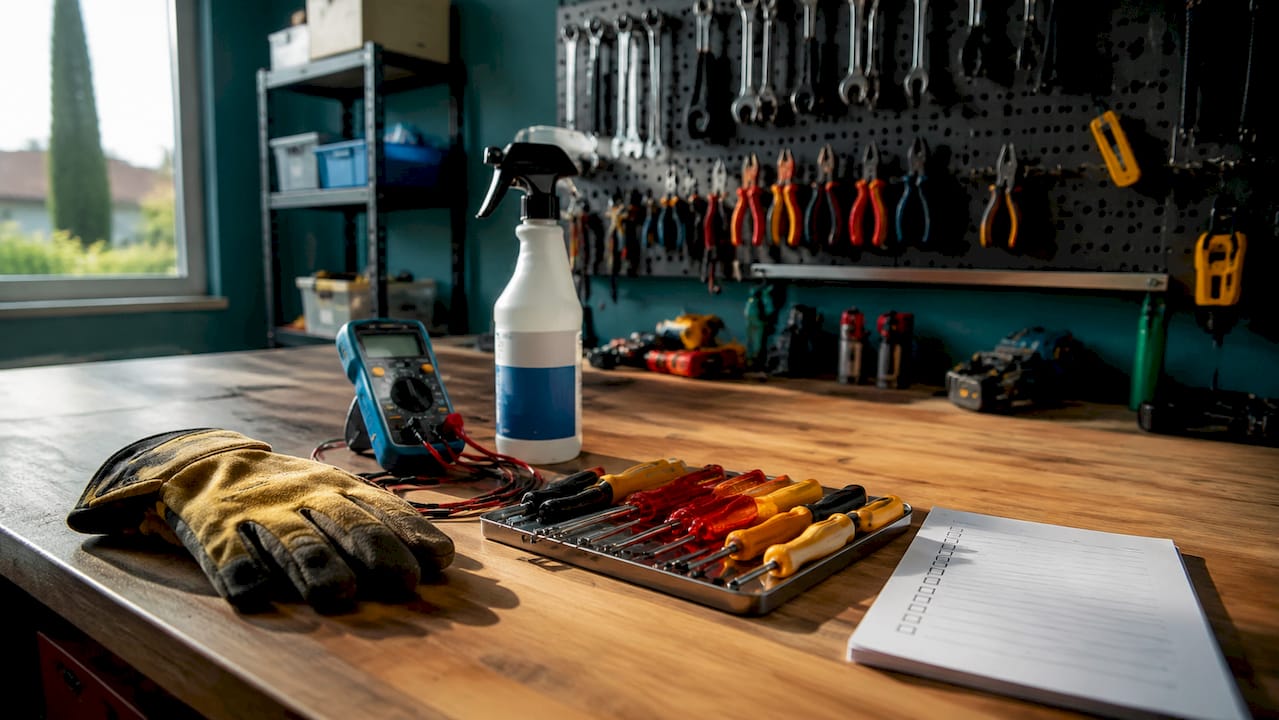 Tools prepared on bench for air conditioner service
