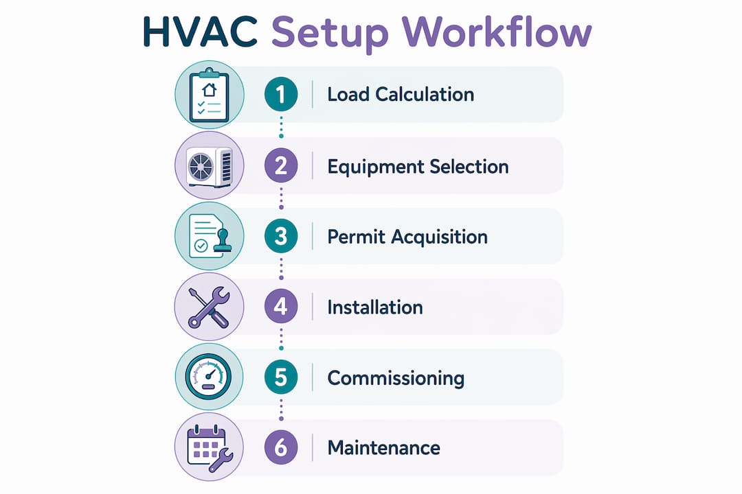 Infographic illustrating energy efficient HVAC setup workflow steps