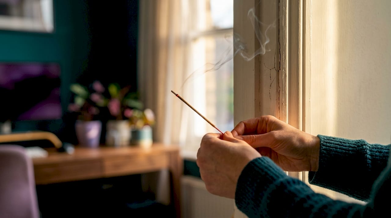 Hands testing window draft with incense stick